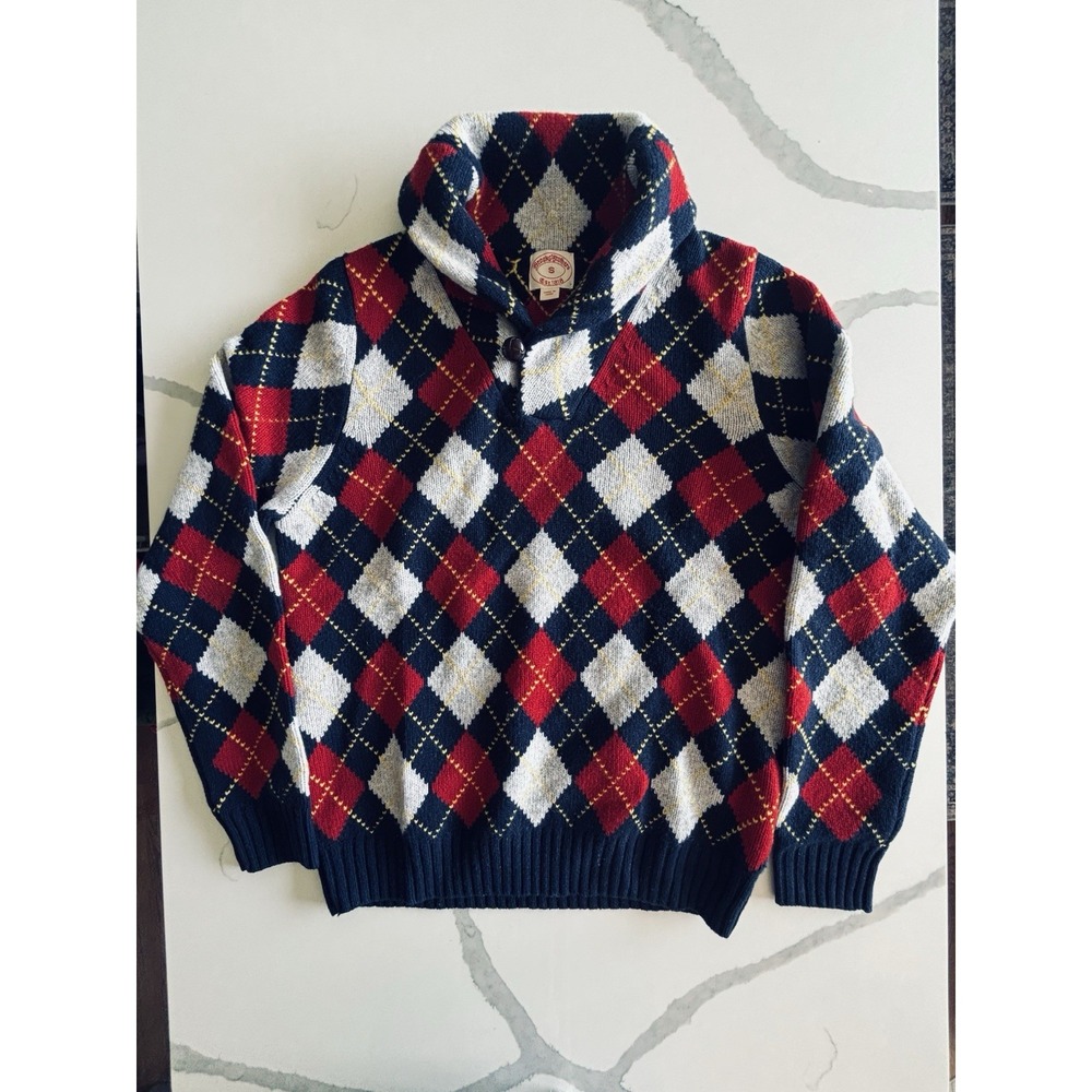 Brooks Brothers Pullover Sweater Mens Small Blue Red Argyle Wool Shawl Neck